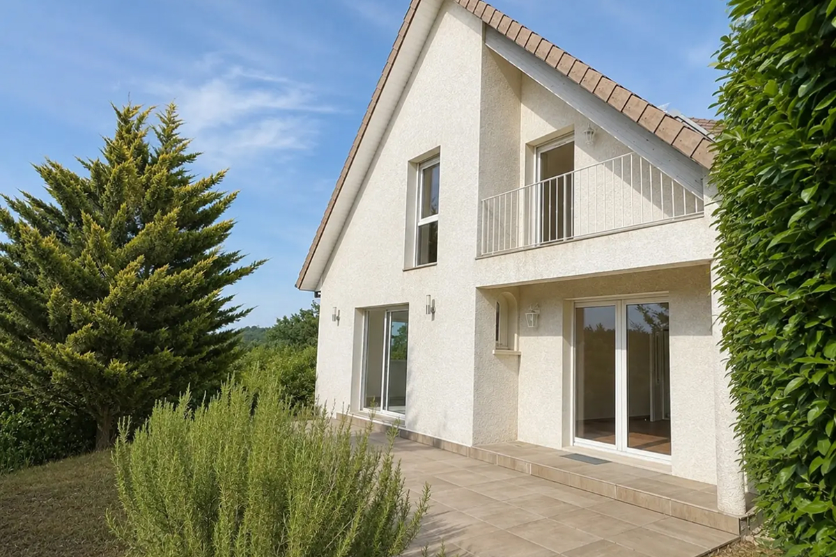 Maison claire à pignon avec terrasse et haie de laurier