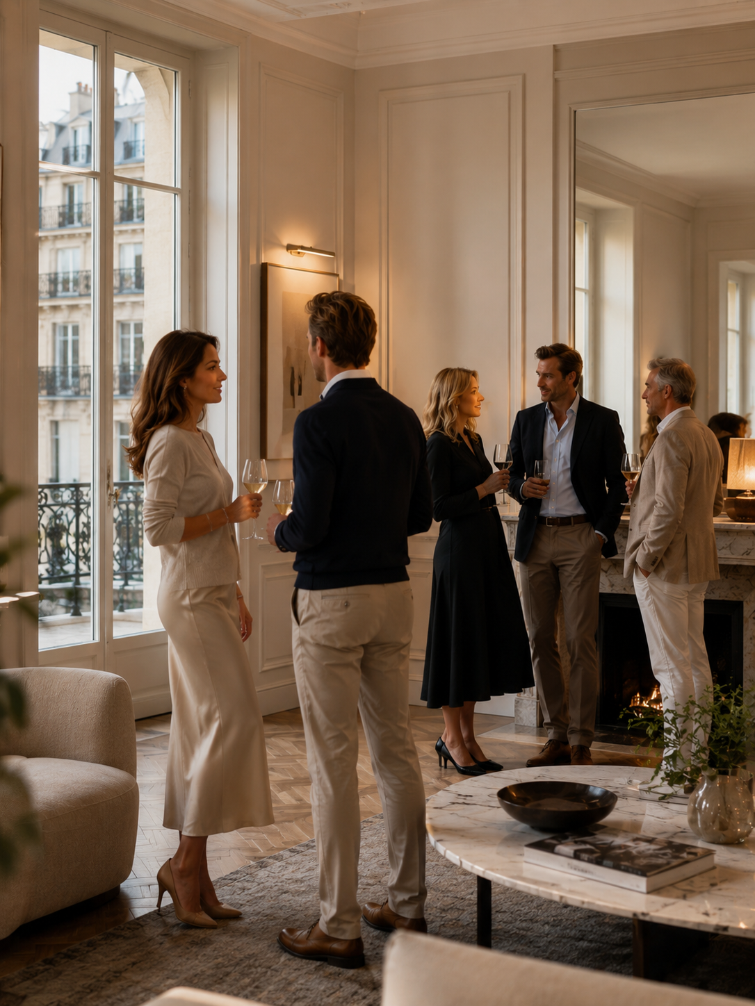 Clients MAJO réunis autour d'un verre dans un salon élégant