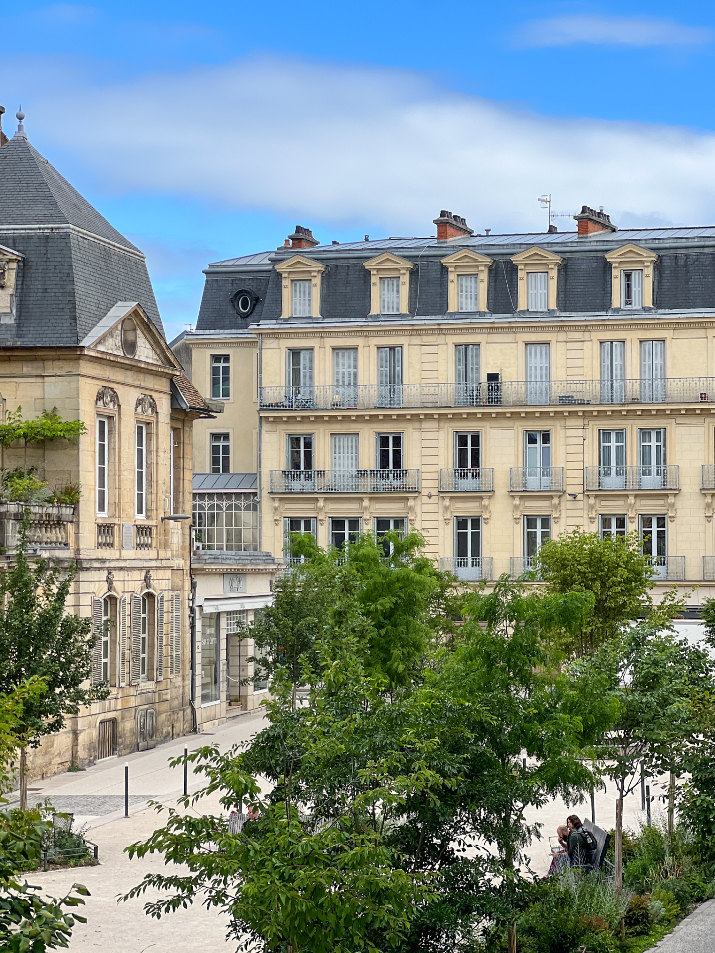 Vue dégagée sur la place Bossuet et ses arbres depuis les fenêtres